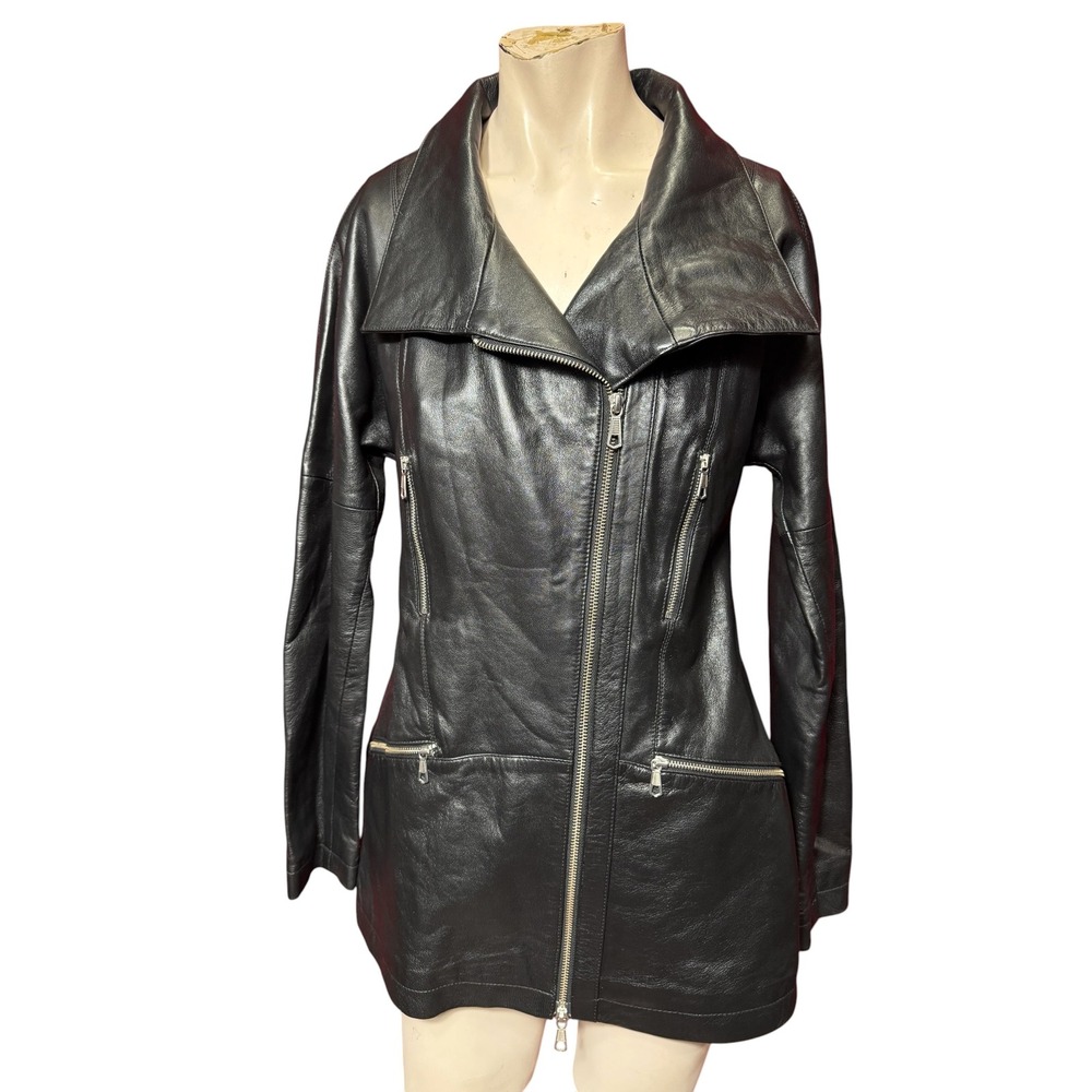 Stefanel 2000s Leather Moto Jacket Asymmetrical Zip Black Size 6 new